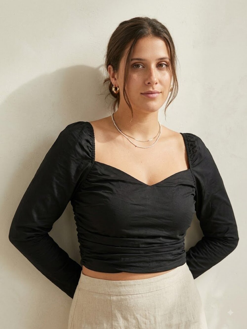 ASTR‎ The Label Long Sleeve Top - Black Ruched Puff Sleeve Sweetheart  NWT